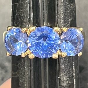 Technibond gold vintage blue Tanzanite 3-stone anniversary cocktail band ring